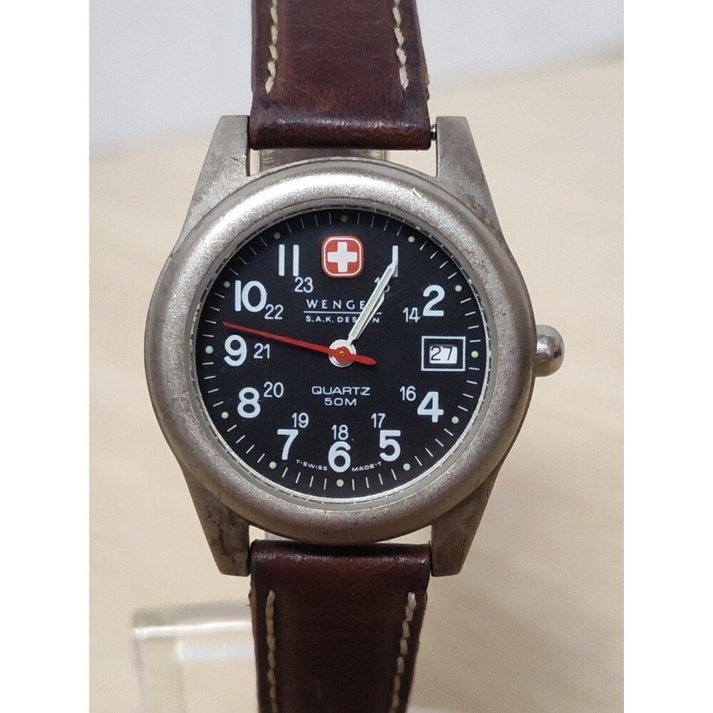 Vtg Wenger Ladies 28mm Watch Black Dial Date SAK Design Swiss Quartz Movement